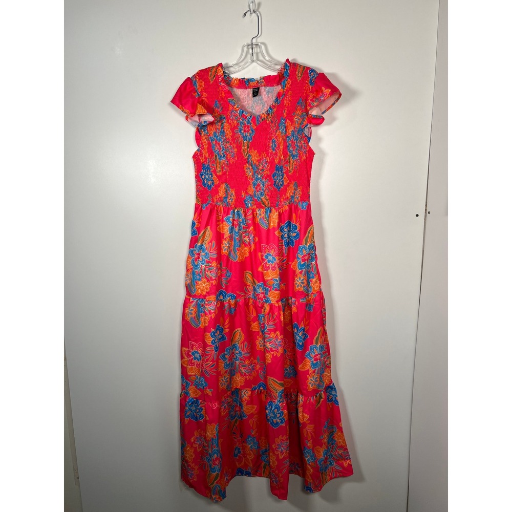 Emery Rose Pink Maximalist Floral Smocked Tiered‎ Maxi Dress Boho Tropical 0XL